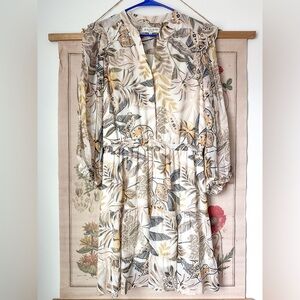 Hale Bob Leaf Botanical Floral Long Sleeve Cinch Waist Ruffle Dress Multi Medium